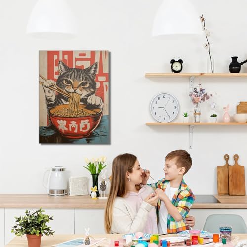 Framed Funny Black Cat Canvas Wall Art Set of 2, Vintage Japanese Cat Eating Ramen Poster, Unique Gifts and Animal Lover Printing Picture for Living Room Kitchen Dining Room Wall Decor 12x16in