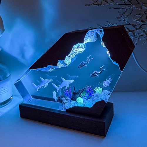 Handmade Hammerhead Shark Resin Ocean Lamp with Wooden Base