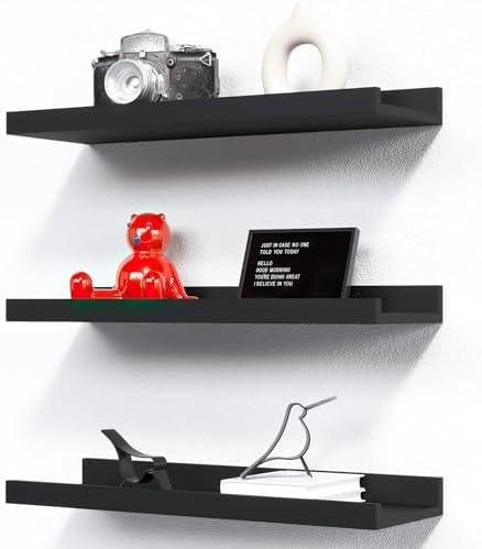 RICHER HOUSE 3-Set Floating Shelves with Lip, Black Small Wall Shelf, 16In