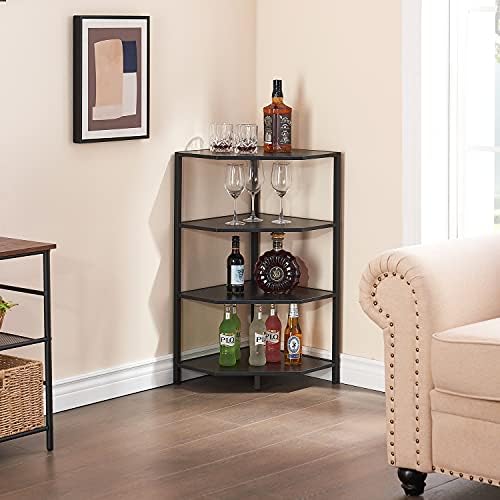 VECELO 31 Inch Corner Shelf, 4-Tier Display Shelves, Wood Storage Stand with Metal Frame, Multipurpose Shelving Unit for Small Space, Home Office, Black