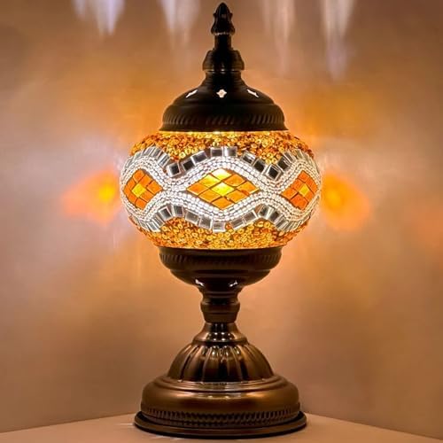 SILVERFEVER Handcrafted Mosaic Turkish Lamp Moroccan Glass Table Desk Bedside Light Bronze Base with E12 Bulb (White Wave)