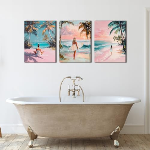 Pink Beach Wall Art Preppy Coastal Wall Decor Surfing Girls Pictures Pink Room Decor for Teen Girls Tropical Ocean Beachy Canvas Painting Aesthetic Artwork Yoga Bedroom Home Decorations 12x16" 3Pcs