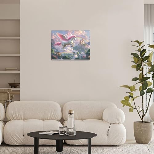 Crekviy Pink Unicorn Wall Art Fantasy Unicorn Bedroom Decor for Girls Magical Canvas Prints Painting Pictures Artwork Decorations for Nursery Room Bathroom Framed Kids Gifts 12"x16"