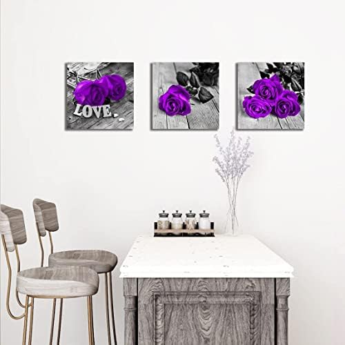 Purple Wall Decor for Bathroom Rose Flower Pictures Purple Bedroom Decor | Black and White Floral Canvas Prints Rustic Farmhouse Flower Wall Art Modern Romantic Artwork Living Room Decor 12x12" 3 Pcs