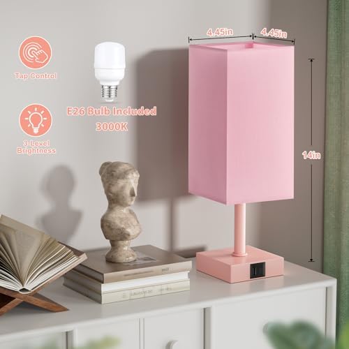 Touch Table Lamp for Bedroom - Dimmable, USB C+A, Pink Lamphade Pink Base