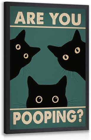 Cyebmo Funny Black Cat Bathroom Wall Art, Whimsical Toilet Humor Wall Decor, “Are You Pooping?” Cat Art Print, Three cats Poster Print for Restroom BathRoom Wood Framed Ready to Hang 16x24 Inch