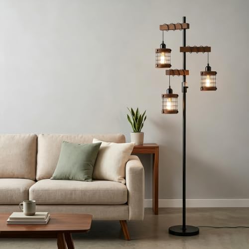 Vintage Floor Lamp with Wooden Lampshade, Dimmable Floor Lamps for Living Room, Industrial Standing Lamp Black Corner Light, Rustic Tall Lamp for Bedroom Office Nursery