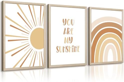 Baccone Boho Nursery Wall Art Baby Girl Wall Decor Kids Rainbow Canvas Wall Art You Are My Sunshine Pictures Toddler Sun Prints Nursery Artwork for Room Bedroom Set of 3 12x16 Inch Unframed