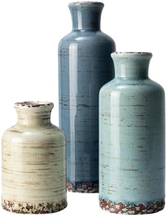 Vintage Ceramic Flower Vase Set of 3, Rustic Farmhouse Vase for Home Decor, Distressed Decorative Vase for Table Entryway Mantel Centerpiece Living Room Bathroom Bedroom (Pale Teal Wood)
