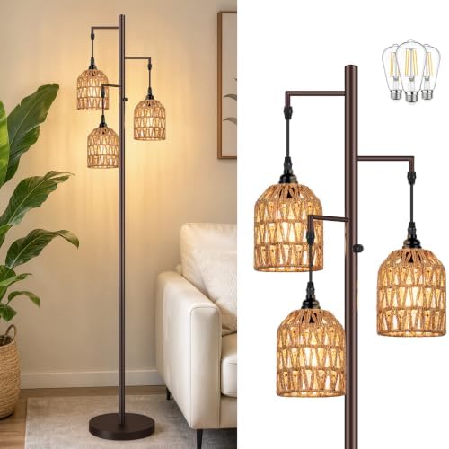 70’’ Tall Floor Lamp for Living Room, 3-Light Rattan Standing Lamp, Brown