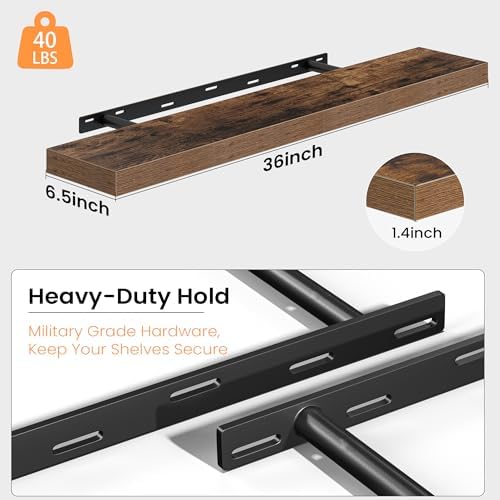 36 Inch Floating Shelves for Wall, Wood Wall Mounted Deep Storage Shelves with Invisible Brackets, Large Decorative Display Ledge for Living Room Bedroom Bathroom and Kitchen, Set of 2, Rustic Brown