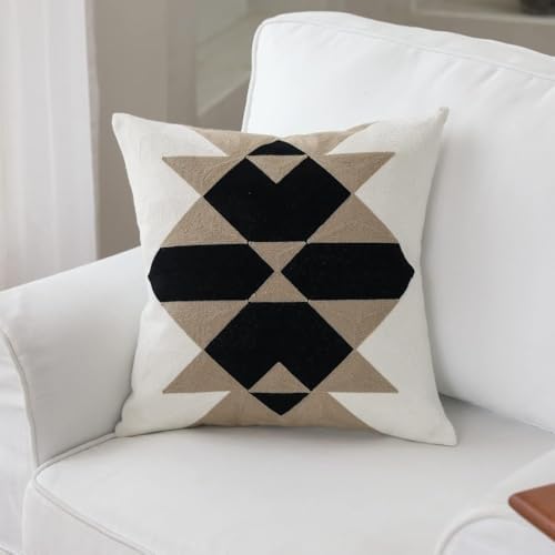 IKATYARN Black White Coffee Aztec Embroidery Throw Pillow Cover, Boho Tribal Geometric Pillowcase, Modern Farmhouse Brown Cushion Case for Couch Sofa Bed