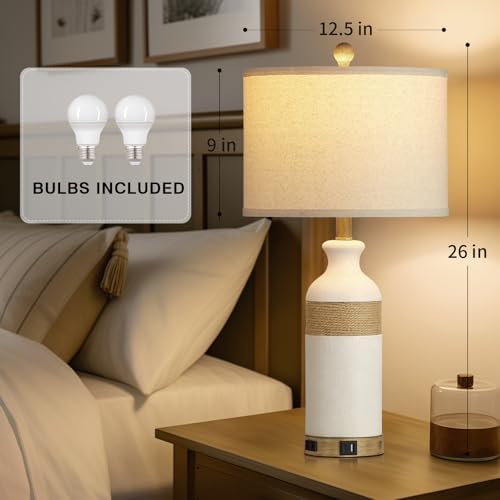 Cinkeda Boho Rattan Table Lamps for Bedroom Nightstand 26" Farmhouse Bedside lamp Set of 2 with USB C+A Ports & AC Outlet,3-Way Dimmable Touch Control Vintage Lamps for Living Room(Include Bulbs)