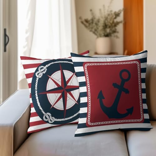 Anchor Compass Throw Pillow Cases Outdoor Nautical Pillow Covers Blue and White Stripes Decorative Cushion Cover 22x22 Inch Red and White Cotton Linen Pillowcases for Beach Coast Home Bedroom