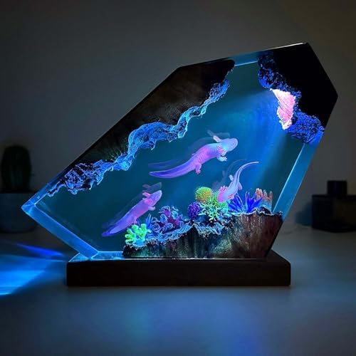 Axolotl Resin Lamp,Handcrafted 3D RGB Axolotl Night Light with Wooden Base for Home Office Decor,Unique Axolotl Gifts, Birthday Valentine's Day Gifts for Women & Men (L 10"X5")