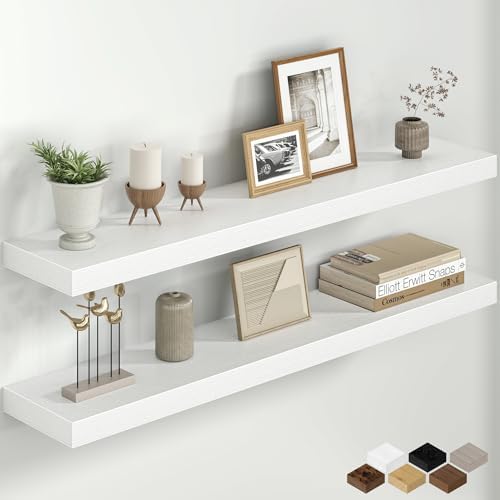 40 Inch Floating Shelves for Wall, Rustic Wood Wall Mounted Deep Storage Shelves with Invisible Brackets, Long Decorative Display Ledge for Living Room Bedroom Bathroom and Kitchen, Set of 2, White