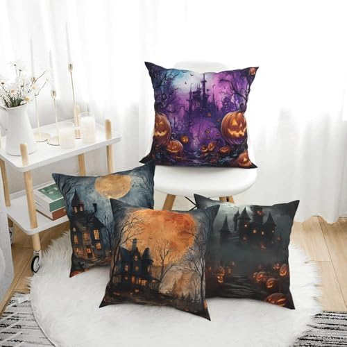 Halloween Horror Castle Throw Pillow Covers Set of 4 Decorative Soft Double Sided Print Pillow Case Farmhouse Home Decor for Living Room Sofa Couch 18x18