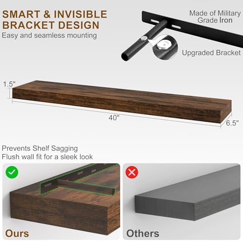 Fun Memories Floating Shelves for Wall, 40Inch Floating Shelves Set of 2, Hanging Shelf with Invisible Brackets, Wood Shelves for Living Room, Bedroom, Kitchen, Brown