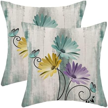 Turquoise Yellow Purple Floral Pillow Covers 18 x 18 Inch Set of 2 Daisy Floral Butterfly Decorative Throw Pillow Covers Linen Rustic Farmhouse Cushion Cases for Home Sofa Couch Living Room Decor