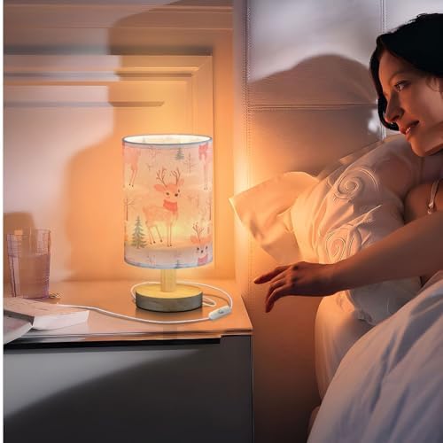 Winter Deer with Red Scarf Pine Tree Bedside Table Lamps with USB Port for Bedroom Lamp Table Lamp Small Nightstand Lamp Sturdy Linen Shade Wooden Decorative Lamps for Home Dorm Office Living Room