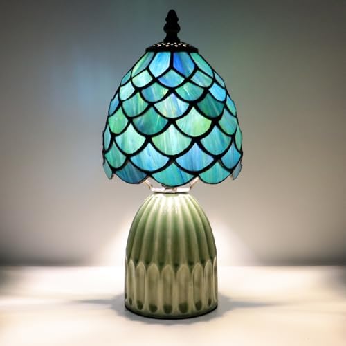 Tiffany Stained Glass Mushroom Table Lamp 12.5 Inch -Blue Fish Scale