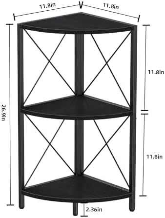 Snughome Corner Shelf with Metal Frame, 3 Tier Corner Storage Organizer, Freestanding Corner Bookshelf Stand Display Rack for Kitchen, Living Room, Black