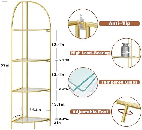 Crofy 4-Tier Foldable Corner Shelf, Metal Gold Frame & Transparent Shelves