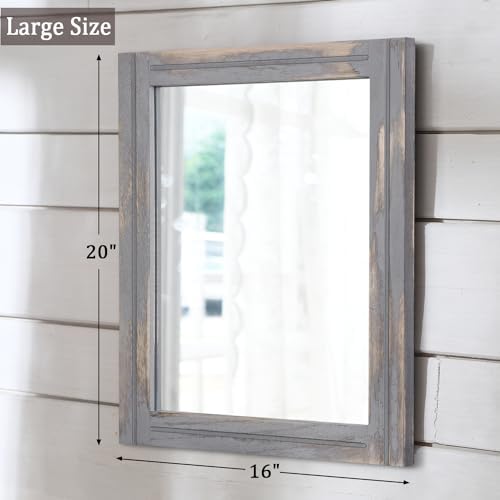 AAZZKANG Wood Framed Mirror Rectangular Rustic Wall Mirrors Decorative Large 20"x16" for Farmhouse Bathroom Living Room Bedroom Grey