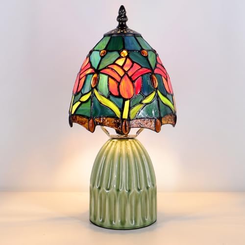 Tiffany Stained Glass Mushroom Table Lamp 12.5 Inch -Blue Red Tulips