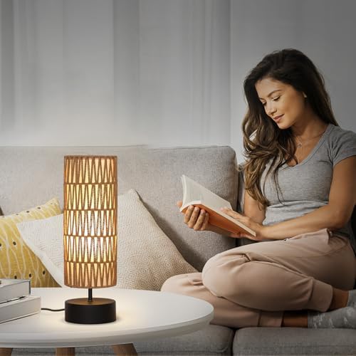 Rattan Table Lamp, Touch Control Bedside Table Lamp with Black Base, 3 Way Dimmable Nightstand Lamp with Dual-layer Shade, Boho Night Light for Bedroom Living Room Home Office, 9W LED Bulb Included