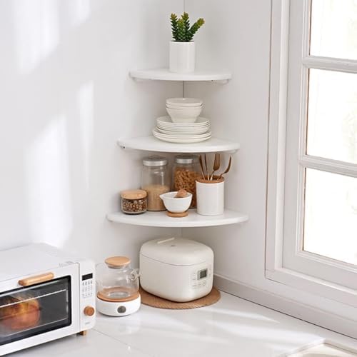 Corner Shelf, White Floating Corner Shelf, Set of 2 7inch Solid Oak Wood Corner Wall Shelves, Round End Wall Mount Display Shelf with Wire Hole for Small Plant for Bedroom Kitchen, Living Room