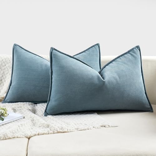 MIULEE Pack of 2 Dusty Blue Decorative Lumbar Chenille Pillow Covers 12x20