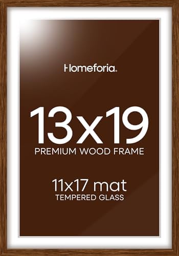 Homeforia 13x19 Brown Oak Picture Frame, High-End Wood, 11x17 Mat, Glass