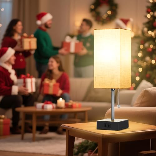 Table Lamp for Bedroom Set of 2, Bedside Lamps with 3 Color Temperatures Night Light, Lamp for Night Stands with AC Outlet and Square Shade, Pull Chain Small Desk Lamp for Living Room Home Decor