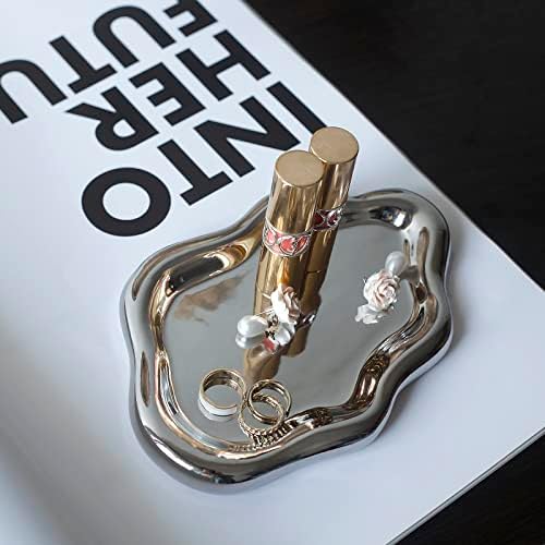 Jewelry Dish Trinket Tray for Women, Ring Dish Holder, Unique Cloud Shape Ceramic Plate Cute Things Vanity Aesthetic Room Decor Mother's Day Birthday (Silver)