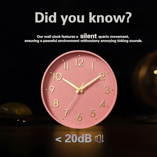 Mosewa 12 Inch Wall Clock Battery Operated Silent Non Ticking Analog | Pink Gold modern clock; oversized 3D easy-read dial for kitchen, bedroom & office; 1 AA battery (not included)