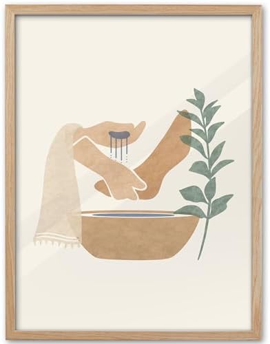 KensTro 16x20 Oak Framed Jesus Washing Feet Christian Wall Art | Natural Oak Wood Frame with Minimalist Foot-Washing Scene, Neutral Faith Decor for Living Room, Bedroom or Prayer Space