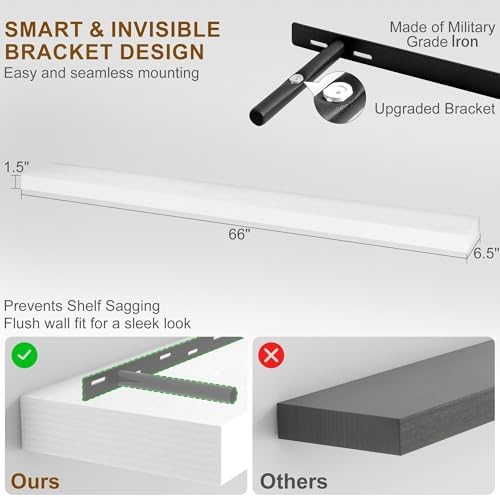 Fun Memories 66 Inch Fireplace Mantel - Long Floating Shelf, Wall Mounted Farmhouse Display with Invisible Heavy Duty Metal Bracket, White, 2 Pack