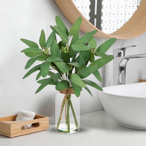 Artificial Eucalyptus Stems Fake Plants in Glass Vase with Faux Water