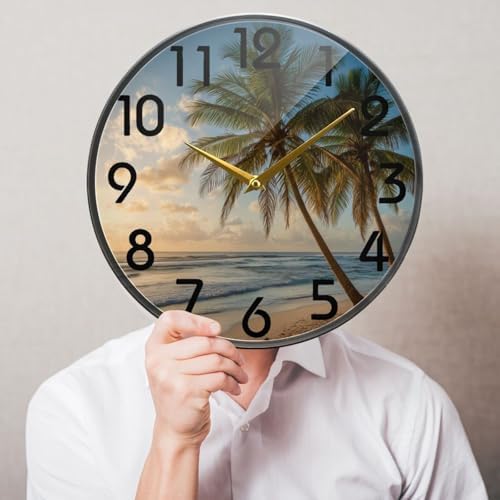 Naanle 3D Beautiful Summer Sunset Beach Palm Tree Round Wall Clock, 12 Inch Silent Battery Operated Quartz Analog Quiet Desk Clock for Home,Office,School,Cafe