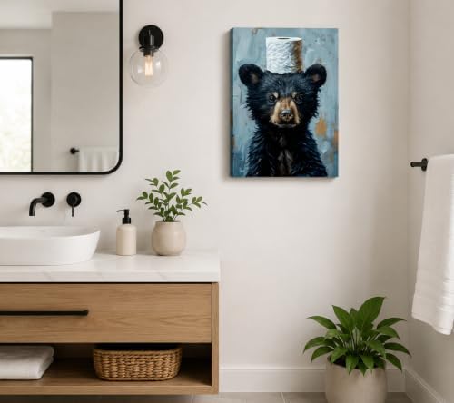 Funny Bathroom Bear Canvas Wall Art, Black Bear with Paper Poster Print Artwork, Humor Animal Painting Picture Wall Decor, for Kids Restroom, Cabin, Bathroom, Home Decoration, 12x16in