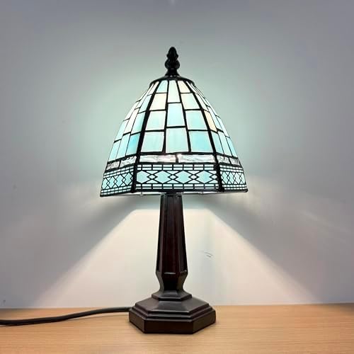 Small Tiffany Style Table Lamp,3 Color Temperature Grid Blue Stained Glass Table Lamps,Bedside Nightstand Night Light for Bedroom,Living Room, Dining Room W/LED Bulb,6X6X13Inch