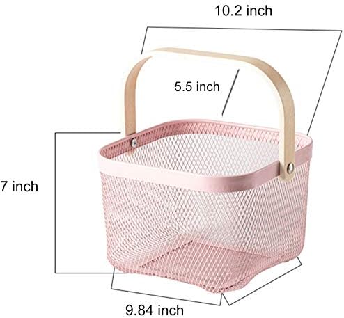 AJIODA Metal Mesh Steel Basket, Storage Organizer Basket Multi-functional Hanging Kitchen Baskets Fruit Basket Bin with Bamboo Handle for Kitchen Bathroom Picnic Shopping Decor Cabinet Home, Pink