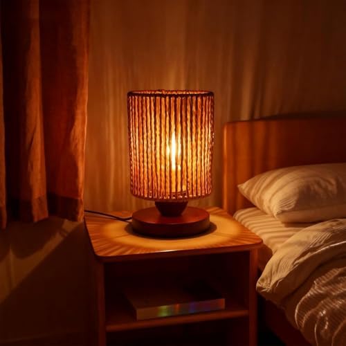 Handmade Rattan Lamp Boho Table Lamp for Bedroom, Stepless Dimming Small Woven Lamps for Night Stands with Warm White LED Bulb, Coastal Boho Lamp for Living Room Reading Nook Office Desk