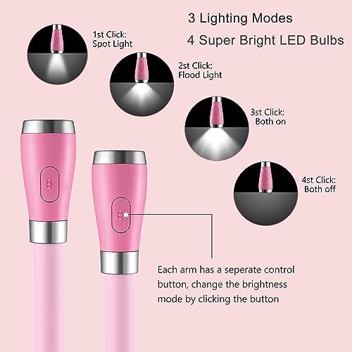 Neck Book Light, LED Reading Lamp, USB-C Rechargeable, Hands Free, 4 LED Bulbs, 4 Adjustable Brightness, for Reading in Bed or Reading in Car Lamp (Pink)
