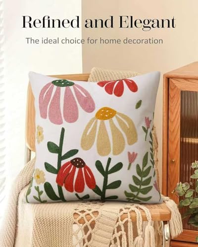 JASEN Embroidered Floral Boho Throw Pillow Cover 18x18 Inch - Decorative Cotton Pillow Case for Couch, Sofa, Bedroom, Living Room - Farmhouse Home Aesthetic Housewarming Gifts (Floral, 18" x 18")