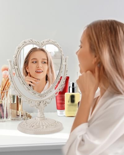 XPXKJ 7 Inch Vintage Heart Mirror - Elegant Desk Makeup Mirror with Double Sided 360 Degree Rotation Vanity Mirror for Coquette Room Decor