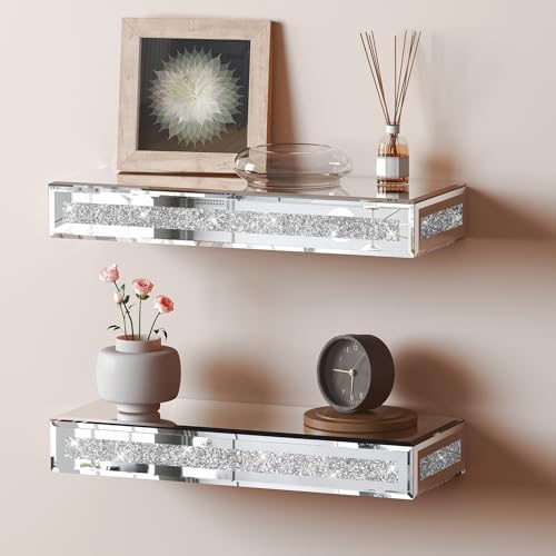 SHYFOY Mirrored Floating Shelves with Bling Accents, Set of 2