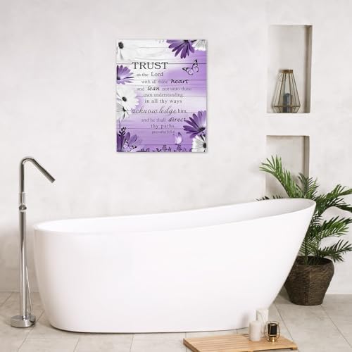 LB Rustic Purple Floral Wall Art for Bathroom Bible Verse on Vintage Grey Wood Canvas Wall Art Wall Paintings Home Decor Daisy Wall Pictures for Living Room Bedroom Office Ready To Hang,16x20 Inch
