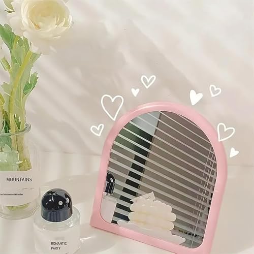 Desk Makeup Mirror,Small Cute Vanity Mirror for Office Cubicle Table,Pink | Arch Shaped Desktop Mirror for Dorm,Cute Office Desk Decor,Aesthetic Desk Accessories for Girl Women
